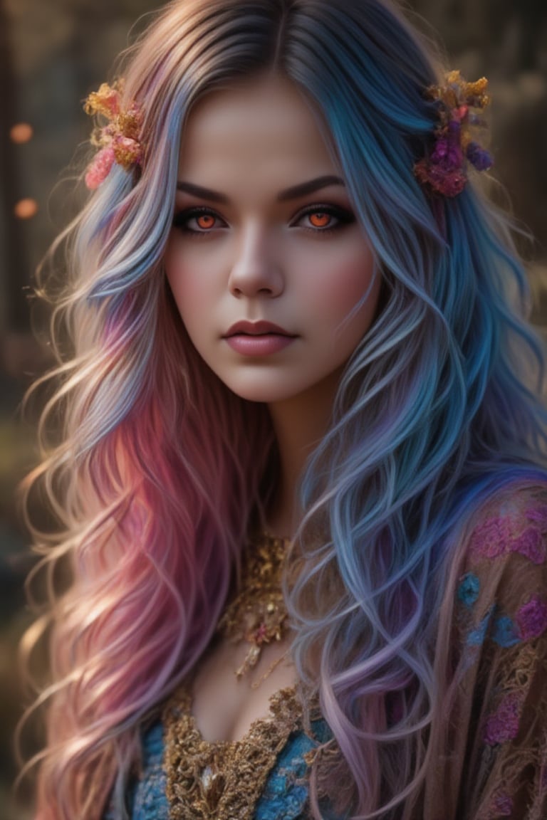  A stunning woman with iridescent blue hair and glowing eyes, dressed in a flowing robe of multicolored smoke. She’s surrounded by floating crystals, spell books, and whimsical creatures in a mystical, surreal forest.Gorgeous, beautiful, multicolored hair, blue eyes, excentic, Ben Bauchau, Michael Garmash, Daniel F Gerhartz, Clint Cearley, Carne Griffiths, Jean Baptiste Monge, strybk style, warm dreamy lighting, matte background, volumetric lighting, pulp adventure style, fluid acrylic, dynamic gradients, bold color, illustration, highly detailed, simple, smooth and clean vector curves, vector art, smooth, johan grenier, character design, 3d shadowing, fanbox, cinematic, ornate motifs, elegant organic framing, hyperrealism, posterized, masterpiece collection, bright lush colors, TXAA, penumbra, alcohol paint, wet gouache, ultrarealistic, film grain, surreal, moody, ethereal fantasy, amazing depth, cinematic film still, sharp focus, (James Christensen),bohemian,Boho gypsy, Gustav Klimt, (Anne Bachelier:1.2), (Lillian Bassman, Erwin Blumenfeld),shabby chic,, 1920s retrofuturism, industrial, art deco, coherent, (Dieselpunk:1.3)sparkles,in the style of vargas(best quality, 4k, 8k, highres, masterpiece:1.2), ultra-detailed ,illustration, zaya,FluxBoost,midjourney_whisper_avant_couture