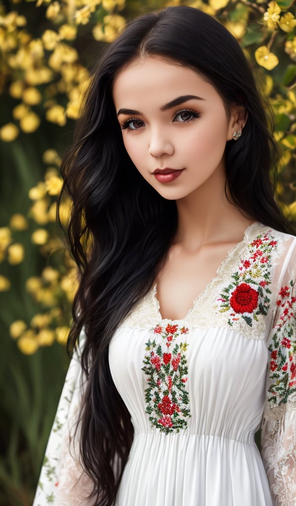 1girl, Beautiful young woman, black hair, clear facial features, (in a beautiful Ukrainian national long dress with embroidered ornaments in black, scarlet, white), sunny day, botanical garden, realistic, woman