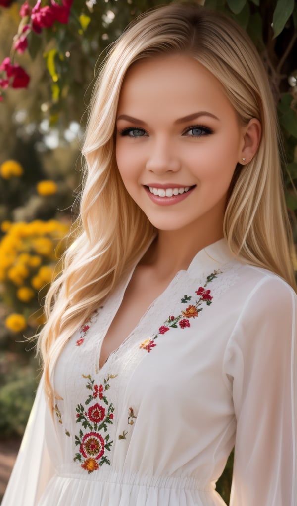 1girl, upper body, Beautiful young woman, blonde, smiling, clear facial features, (dressed in a beautiful Ukrainian national dress with embroidered ornament white), sunny day, botanical garden, realistic