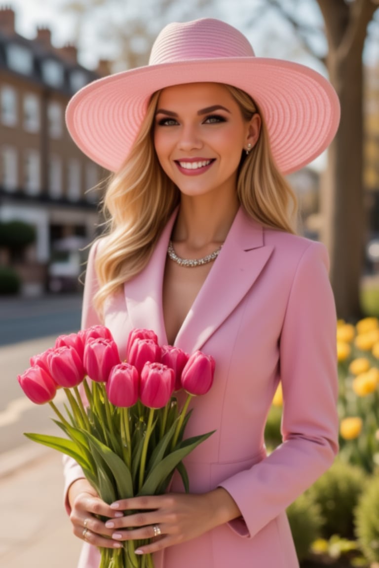  A midshot portrait of a stylish woman in a pink wide-brimmed hat and modern Dior pink suit holds a lush bouquet of pink tulips. High quality digital photography. Bright sunny day in London on the background, captured on Kodak Portra 800, zaya, 