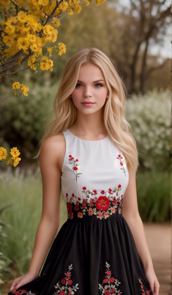 1 girl, Beautiful young woman, blonde, clear facial features, (dressed in a beautiful Ukrainian national long dress with embroidered ornaments white, red, black), sunny day, botanical garden, realistic