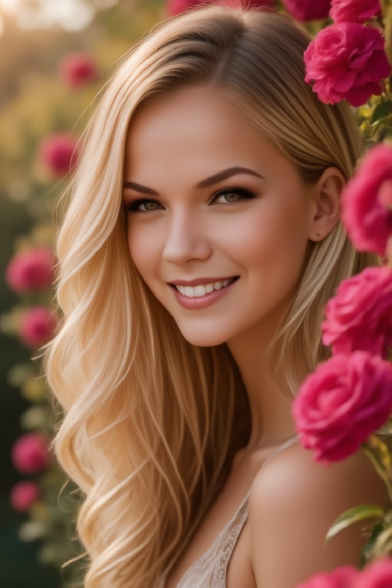 Half side portrait of a beautiful blonde woman smiling surrounded by lush blooming blue-yellow roses. The soft natural light accentuates the contrast between the hair color and the delicate rose petals. The scene has a dreamy, ethereal quality due to the shallow depth of field.The woman's face is visible, shooting with a serene expression as he is immersed in the fragrant rose garden. The image captures the interplay of the textures of silky strands of hair and velvety rose petals. The rich, saturated colors create a striking visual effect, highlighting the vibrant red and pink hues against the softer background, captured on Kodak Portra 800,, raw_photo, zaya