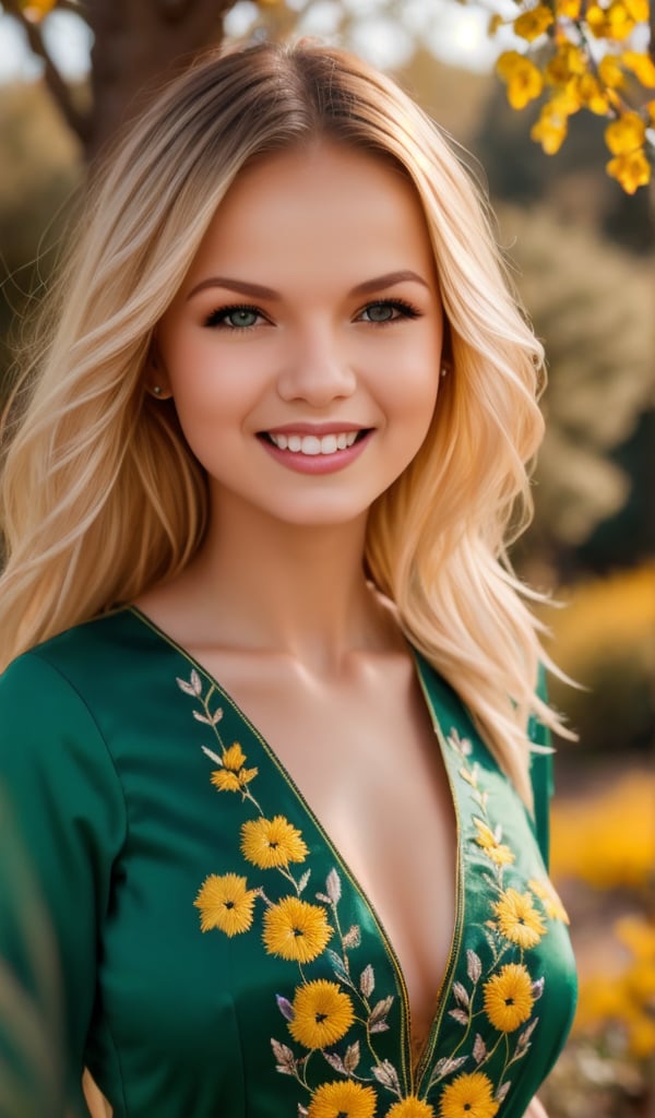 1girl, Beautiful young woman, blonde, smiling, clear facial features, (dressed in a beautiful Ukrainian national dress with embroidered ornaments green, yellow), sunny day, botanical garden, realistic