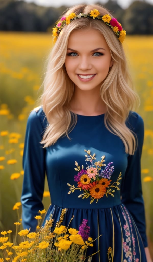 Beautiful young woman, blonde, smiling, wearing a beautiful dress with long sleeves with ornament of multicolored embroidery, on her head a wreath of flowers, shot in honor of traditional Ukrainian culture by Alexander Vasyukov outdoors in a field of wildflowers in bright natural sunlight, high detail, sharp focus, ultra-high resolution details, high quality photography, photorealism