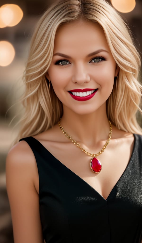 A stunning portrait of a blonde beauty, radiating warmth with her bright smile. She wears a stunning black dress that hugs her curves, paired with a bold red necklace and earrings that add a pop of color. The bokeh background blurs into a soft focus, emphasizing the subject's striking features.