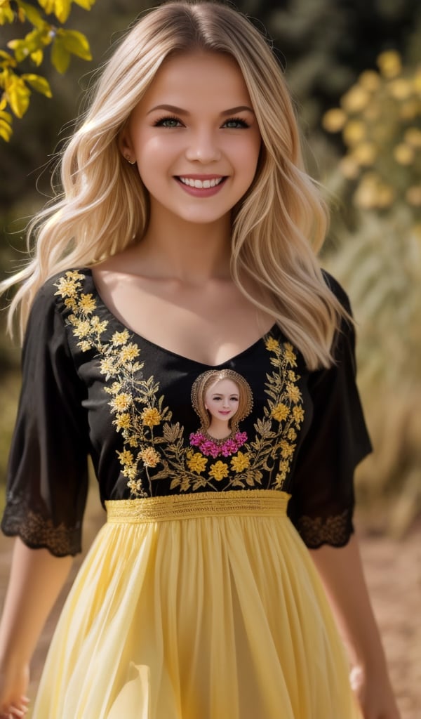 1girl, Beautiful young woman, blonde, smiling, clear facial features, (in beautiful Ukrainian national long dress embroidery ornament yellow, black), sunny day, botanical garden, realistic