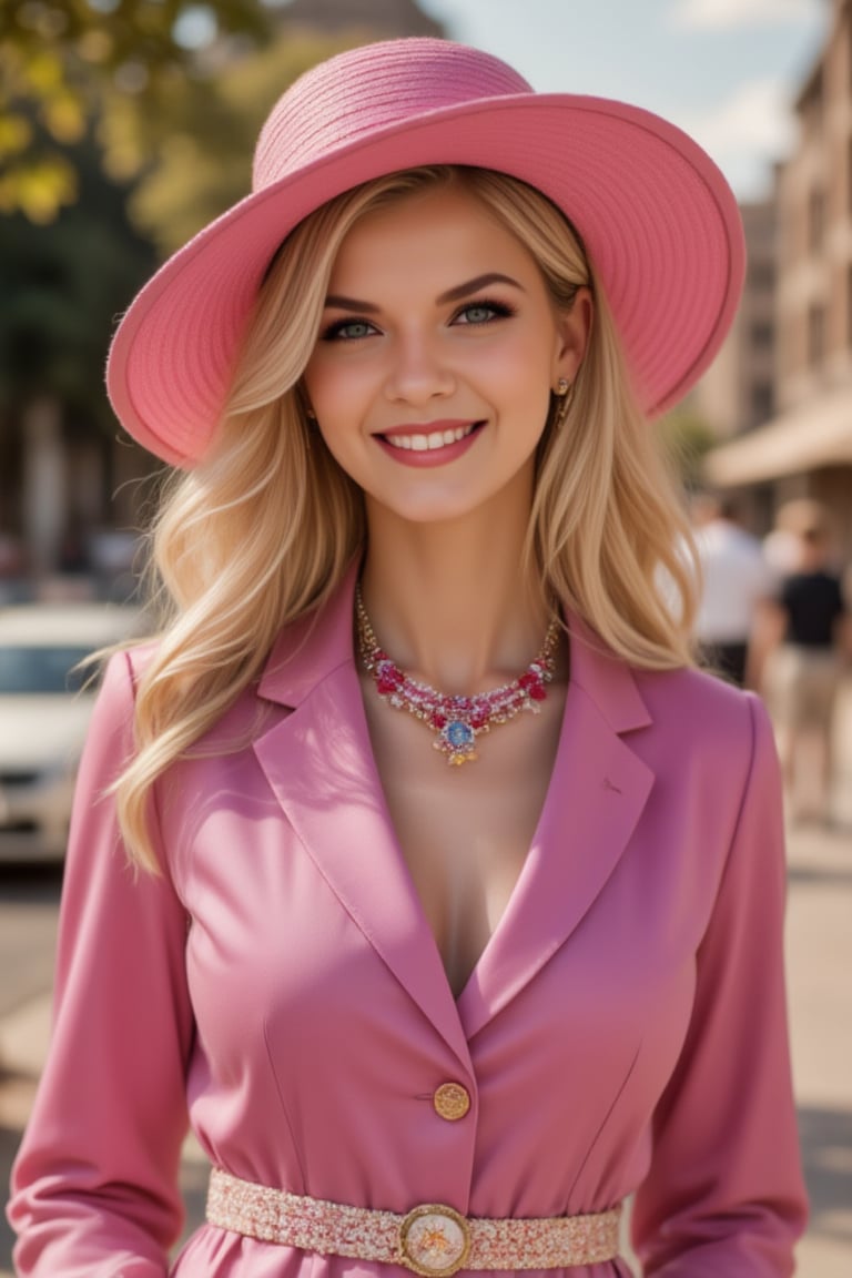  A full scene portrait of a stylish woman in a pink wide-brimmed hat and modern Channel jacket. High quality digital photography. Multicolored.  Bright sunny day in London on the background, hard lighting, captured on Kodak Gold 200 --style raw, zaya,Enhanced all,Midjourney_Whisper