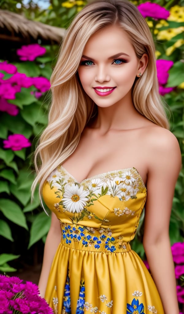 A stunning blonde woman, beaming with joy, poses amidst lush foliage in a sun-drenched botanical garden. She wears an exquisite traditional Ukrainian national dress, its vibrant yellow and blue embroidery shining against the verdant backdrop. Surrounded by a kaleidoscope of flowers, her bright smile and sharp features radiate warmth as warm sunlight casts gentle shadows on the petals, drawing attention to her captivating gaze that shines like the blooms around her.