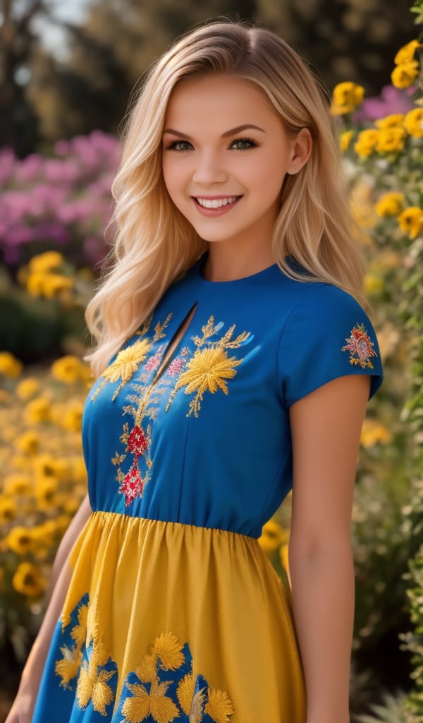 1girl, upper body, Beautiful young woman, blonde, smiling, clear facial features, (dressed in a beautiful Ukrainian national blue-yellow dress with embroidered ornaments), sunny day, botanical garden, realistic