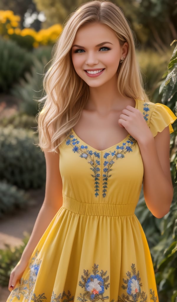 1girl, upper body, Beautiful young woman, blonde, smiling, clear facial features, (dressed in a beautiful Ukrainian national blue-yellow dress with embroidered ornaments), sunny day, botanical garden, realistic