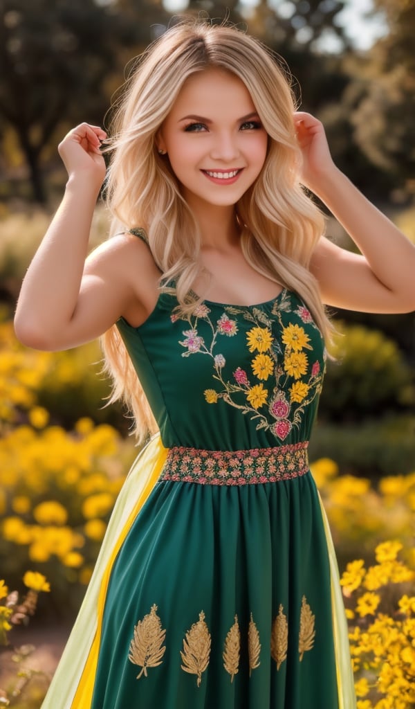 1girl, upper body, Beautiful young woman, blonde, smiling, clear facial features, (dressed in a beautiful Ukrainian national long dress with embroidered ornaments green, yellow), sunny day, botanical garden, realistic