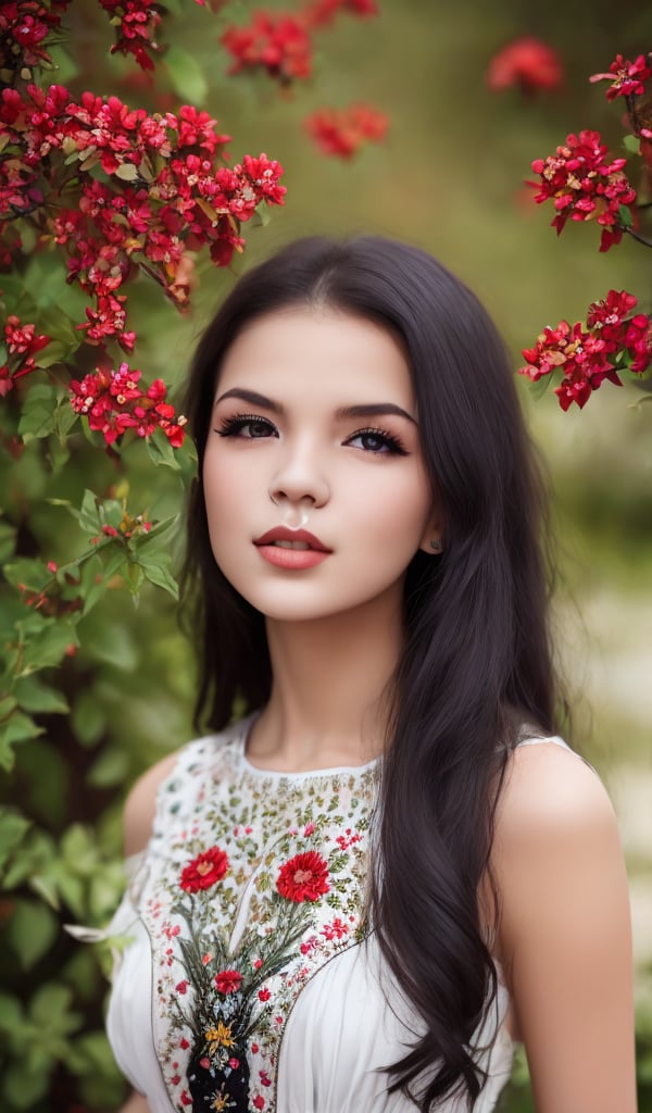 1girl, Beautiful young woman, black hair, clear facial features, (in a beautiful Ukrainian national long dress with embroidered ornaments in black, scarlet, white), sunny day, botanical garden, realistic, woman