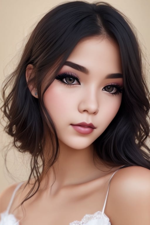 1girl, (Close-up), beautiful young woman, black hair, makeup, realistic., woman