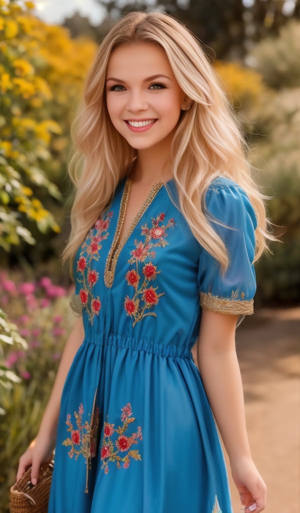 1girl, upper body, Beautiful young woman, blonde, smiling, clear facial features, (dressed in a beautiful Ukrainian national blue dress with embroidered ornaments), sunny day, botanical garden, realistic