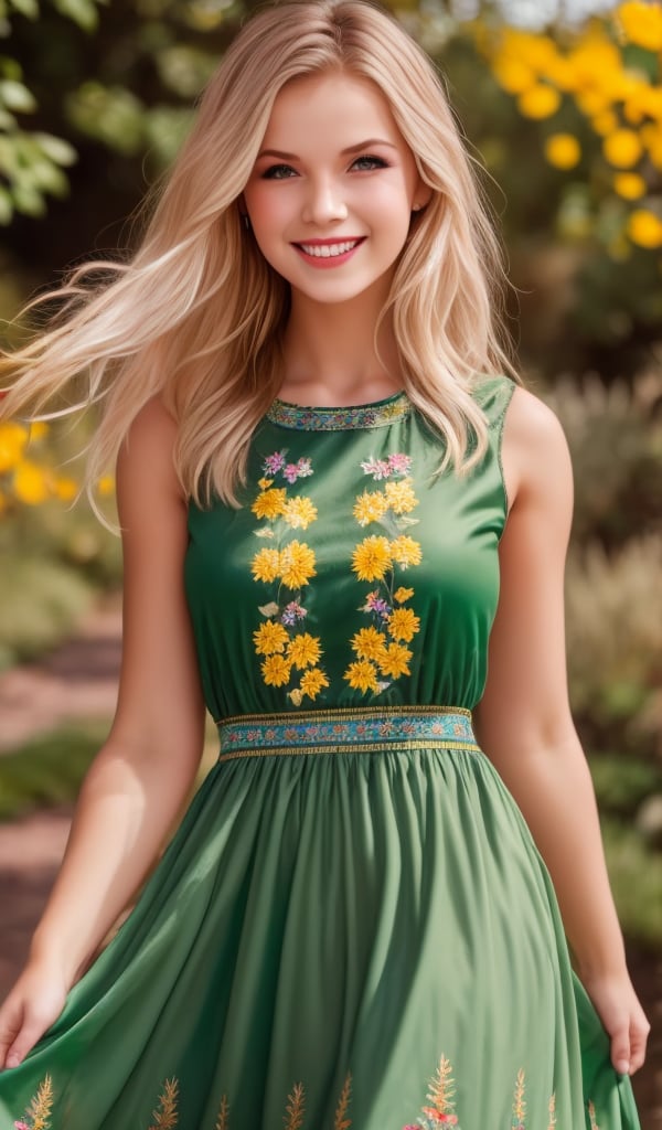 1girl, upper body, Beautiful young woman, blonde, smiling, clear facial features, (dressed in a beautiful Ukrainian national long dress with embroidered ornaments green, yellow), sunny day, botanical garden, realistic