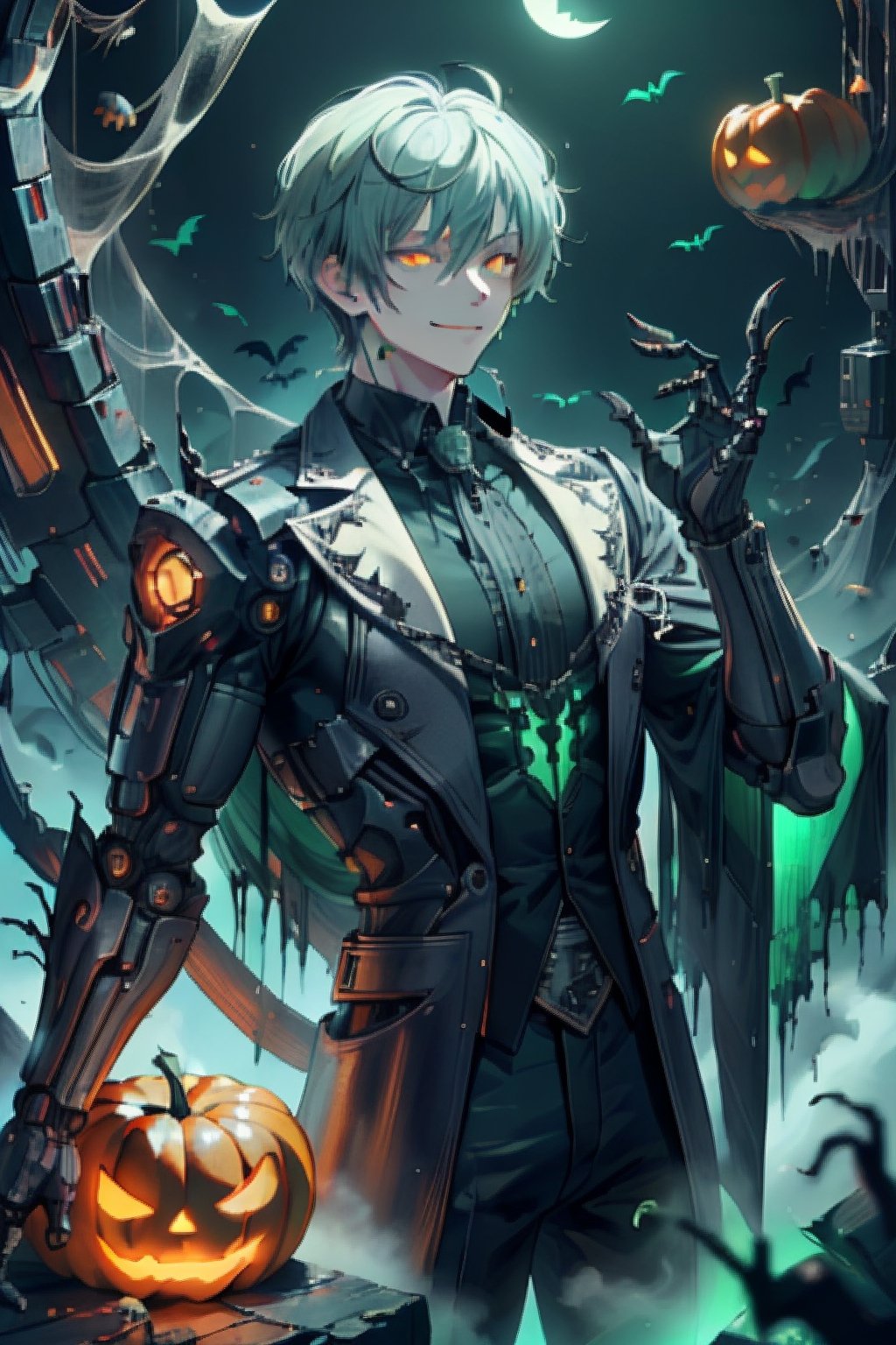 masterpiece, halloweentech , scifi,  supernatural green, spooky,scroll, 1boy, silver hair, glowing eyes, smile ,closed mouth, holding scroll, outdoors, 