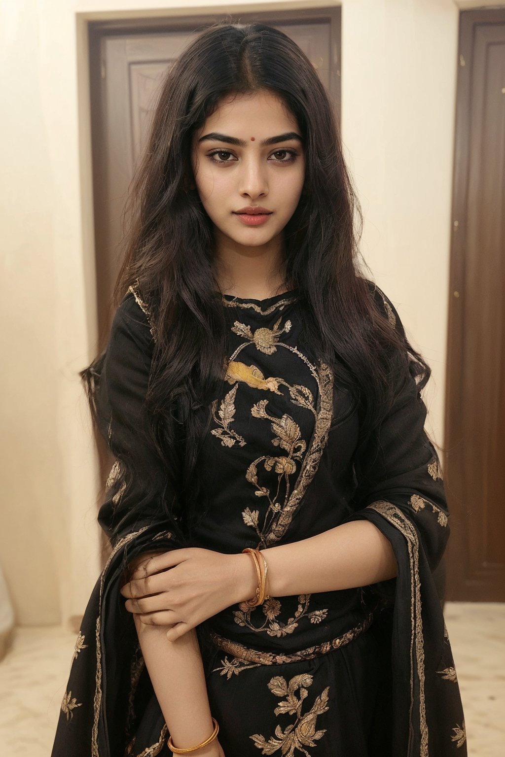 beautiful cute young attractive indian girl, village girl, 22 years old, cute, Instagram model, long yellow_hair, colorful hair, warm, dacing, in black
expensive outfit