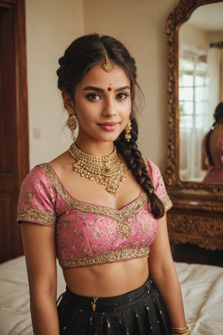 The image depicts a young woman in a traditional Indian attire, likely a black lehenga, which is a type of skirt. The outfit is black with gold detailing, and she has paired it with large, dangling earrings and a choker-style necklace. Her hair is styled in a braid, and she is wearing makeup that includes dark eyeliner and pink lipstick. She is smiling and appears to be posing for the photo. The background suggests an indoor setting, possibly a bedroom, indicated by the presence of a bed and a mirror reflecting her image. The lighting seems to be artificial, coming from a source outside the frame.,Extremely Realistic