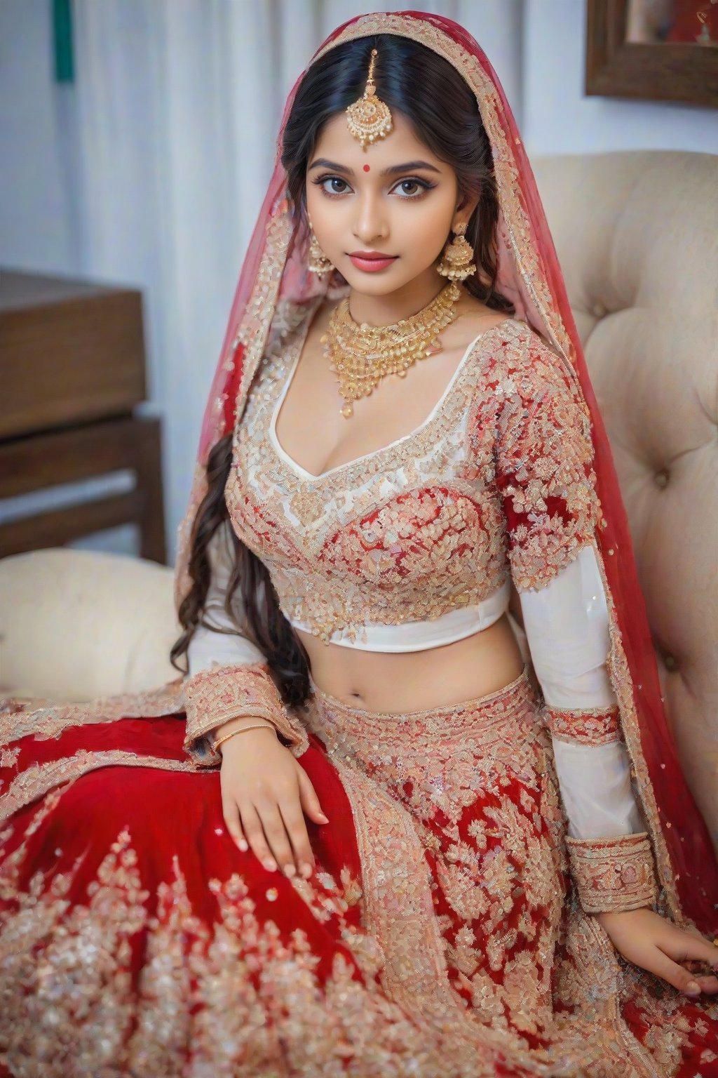 Create a high-quality image of Modern indian girl like dream girl, long hair milky white skin, 20 year old , glamorous body perfect figure, perfect eye blue,, siting on the sofa,wearing Bridal costume with all ornaments,