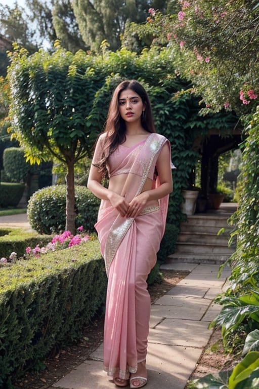 lovely cute young attractive indian girl,  blue eyes,  gorgeous actress,  cute,  an Instagram model,  long hair, full body, head to toe, wearing pink  saree with heels in garden 
 