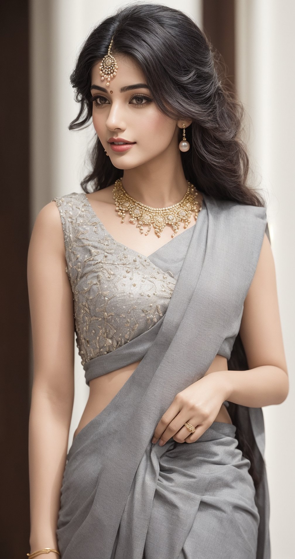 In a photorealistic masterpiece,19 years woman,  hot,  sexy,  indian,  model,  Instagram model,  influencer,  happy face, sharp jawline,  baby pink lips,  cute looking,  catty eyes,  best quality, full  body showing masterpiece with  Embroidered Lucknow Chikankari Georgette Saree (Grey),  beautiful and aesthetic,  behold the essence of a South Indian beauty, adorned in a traditional  Embroidered Lucknow Chikankari Georgette Saree (Grey) graced with a golden pearl strip, and flowing tresses. She standing as a mesmerizing vision of elegance and grace, embodying the timeless allure of tradition, The intricate details of her skin, captured in high resolution, reveal the gentle pores and flawless complexion, as if painted with the finest strokes of an artist's brush. The sunlight of the sunset time gently leaks through the edges, casting a soft glow on her figure, while the background fully clear creating a depth of field that accentuates her beauty, She standing near Indian fort, a harmonious fusion of cultures, embodying the spirit of global unity. Her alluring pose exudes seductive charm, while her absolute sleeveless cleavage and full body jewellry add a touch of opulence and allure, mature girl, mature body, mature breast, big boobs, enlarge breast, mature buts, enlarge buts, hot sleeveless cleavage, sexy cleavage,In this photorealistic shot, every thread of the lehanga choli,  full body standing up in fort, and every strand of her long black hair are finely detailed, capturing the essence of her being with impeccable precision, This shot, captured on a Sony a7 IV with a 135mm f1.8 lens, stands as a testament to the fusion of modern technology and timeless tradition, a celebration of the harmonious blend of past and present, As she looks back at the viewer, her eyes speak of a thousand stories, drawing us into her world of elegance and allure. In her full-body view, she exudes an enchanting aura, with a random pose that reflects the spontaneity of life's beauty, This portrayal captures the emotional essence of Indian beauty adorned in the finest Embroidered Lucknow Chikankari Georgette Saree (Grey),  Embroidered Lucknow Chikankari Georgette Saree (Grey) Full length view,  Straight brown hair,  a beautiful indian girl,  Pale skin,  icy eyeshadow,  gold necklace,  breast size 55,  Weast size 45, butts size 70 femme fatale, showing full sexy body, wearing sleeveless Blouse ,full body, indian,indian women,indian young women, pale white clear skin,beautiful women, ultra realistic,detailed face,full body, normal faces, vivid detail, bright sunshine on body, young mature, fellatio, hetero, perfect body, big breast, big ass, puffy nipples, where the richness of culture meets the marvels of technology, resulting in a work of art that touches the heart and soul,full body, shapely body, hot body, big breast, milkey boobs, big buts, looks beautiful in  Embroidered Lucknow Chikankari Georgette Saree (Grey) , sexy side view:)