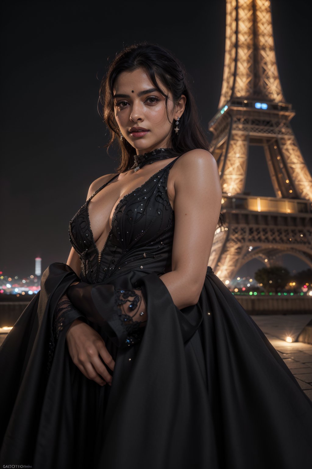 A photorealistic close-up shot of a woman dressed in a sleek black evening gown, her face illuminated by the soft glow of twinkling city lights. The iconic Eiffel Tower stands tall and proud in the background, its iron latticework glistening like diamonds against the dark night sky.,Indian