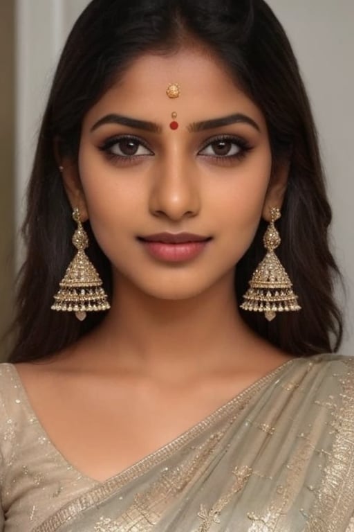 photo of indian girl, indian girl, oval face, long_hair, sharp_chin, beautiful lips, dimple, smilling, perfect teeth, cute cheek, sharp jawline, beautiful face, symmetrical_eyes, beautiful eyes, naked, fully nude, free hair, full body view, standing up,mordern earings, wristwatch, diamond necklase