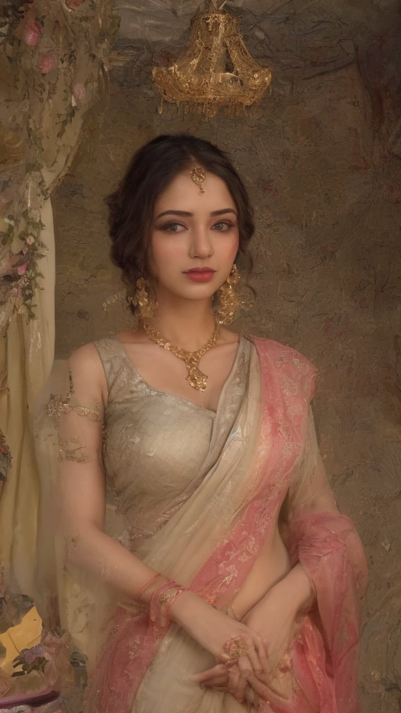 a woman dressed in a traditional Indian saree, adorned with gold embroidery and a matching blouse. She is adorned with a gold necklace, earrings, and a gold ring. Her hair is styled in a sleek bob, adding a touch of beauty to her outfit. The saree she is wearing is a deep red saree with a matching gold embroidered blouse, and matching gold bangles. Her saree is draped in a cream color, with a red sari draped over her left shoulder. The backdrop is a creamy yellow wall, with two white pillars on either side of the woman. A chandelier is hanging from the ceiling, and there is a bouquet of red roses in the upper right corner of the frame.,desilatte,photorealistic