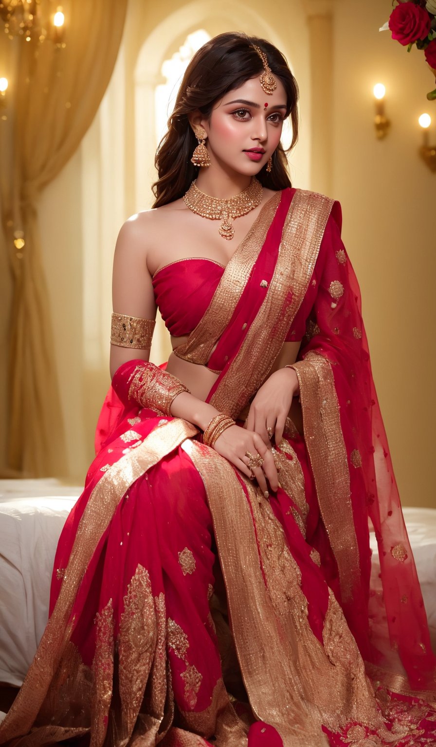 A glamorous and vivid portrait of a radiant Indian woman, draped in a vibrant red saree, tenderly resting on an ornate bed swathed in a cascade of red flowers and arranged into a heart shape. The heart is highlighted by a stunningly soft, ambient light source cast on the wall, casting the word 'LOVE' in delicate, shimmering letters. The intricate details of the woman's delicate features and the beautiful embroidery on her saree create a stunning fashion & design statement in this realistic and highly detailed image.