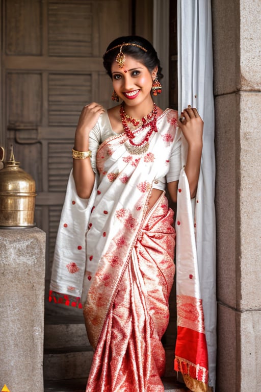 A captivating photo of a young Indian woman with dark, slightly messy hair styled in a loose ponytail. She dons a black V-neck blouse and a stunning purple sari with intricate patterns, elegantly draped over her shoulder. Large, ornate silver earrings accent her face, and her bright smile exudes joy and serenity. The natural lighting suggests an outdoor setting, possibly a rooftop or balcony, with a metal staircase and door nearby. The atmosphere evokes happiness and tranquility.,Extremely Realistic,Kasturi,photorealistic,Saree girl