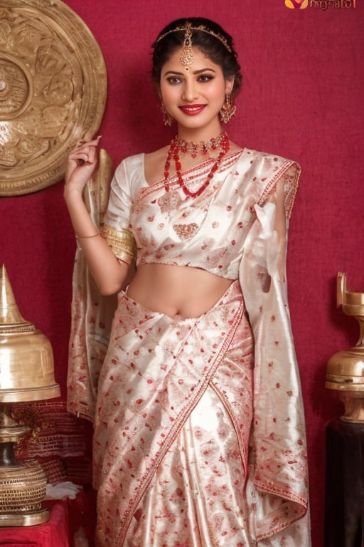 The image depicts a young woman in a traditional Indian attire, likely a black lehenga, which is a type of skirt. The outfit is black with gold detailing, and she has paired it with large, dangling earrings and a choker-style necklace. Her hair is styled in a braid, and she is wearing makeup that includes dark eyeliner and pink lipstick. She is smiling and appears to be posing for the photo. The background suggests an indoor setting, possibly a bedroom, indicated by the presence of a bed and a mirror reflecting her image. The lighting seems to be artificial, coming from a source outside the frame.,Extremely Realistic,photorealistic,Saree girl