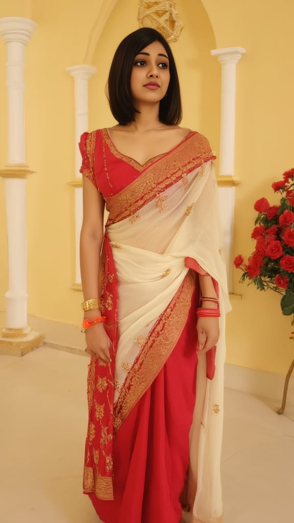 a woman dressed in a traditional Indian saree, adorned with gold embroidery and a matching blouse. She is adorned with a gold necklace, earrings, and a gold ring. Her hair is styled in a sleek bob, adding a touch of beauty to her outfit. The saree she is wearing is a deep red saree with a matching gold embroidered blouse, and matching gold bangles. Her saree is draped in a cream color, with a red sari draped over her left shoulder. The backdrop is a creamy yellow wall, with two white pillars on either side of the woman. A chandelier is hanging from the ceiling, and there is a bouquet of red roses in the upper right corner of the frame.,desilatte