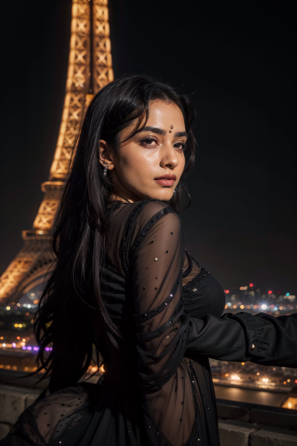 A photorealistic close-up shot of a woman dressed in a sleek black evening gown, her face illuminated by the soft glow of twinkling city lights. The iconic Eiffel Tower stands tall and proud in the background, its iron latticework glistening like diamonds against the dark night sky.,Indian