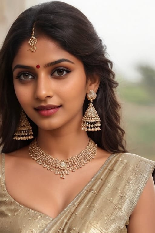 photo of indian girl, indian girl, oval face, long_hair, sharp_chin, beautiful lips, dimple, smilling, perfect teeth, cute cheek, sharp jawline, beautiful face, symmetrical_eyes, beautiful eyes, naked, fully nude, free hair, full body, standing up, navel show, saree navel, deel navel, mordern earings, wristwatch, diamond necklase, realism,photorealistic,realhands