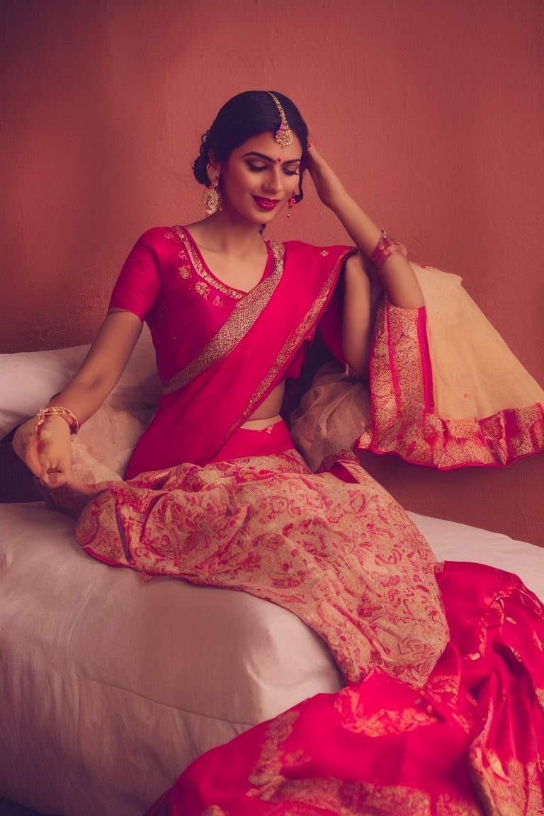 Aa Indian women,wear red saree,sleep on bed,bed is carefully decorated with red flowers and made heart on bed,a heart make of light tag on wall and written LOVE, beautiful girl,real,realistic,wear hearing