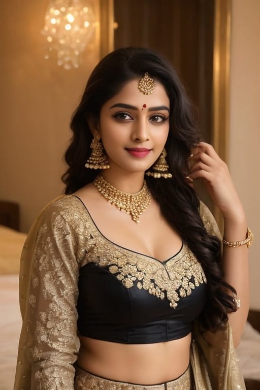 The image depicts a young woman in a traditional Indian attire, likely a black lehenga, which is a type of skirt. The outfit is black with gold detailing, and she has paired it with large, dangling earrings and a choker-style necklace. Her hair is styled in a braid, and she is wearing makeup that includes dark eyeliner and pink lipstick. She is smiling and appears to be posing for the photo. The background suggests an indoor setting, possibly a bedroom, indicated by the presence of a bed and a mirror reflecting her image. The lighting seems to be artificial, coming from a source outside the frame.,Extremely Realistic,photorealistic