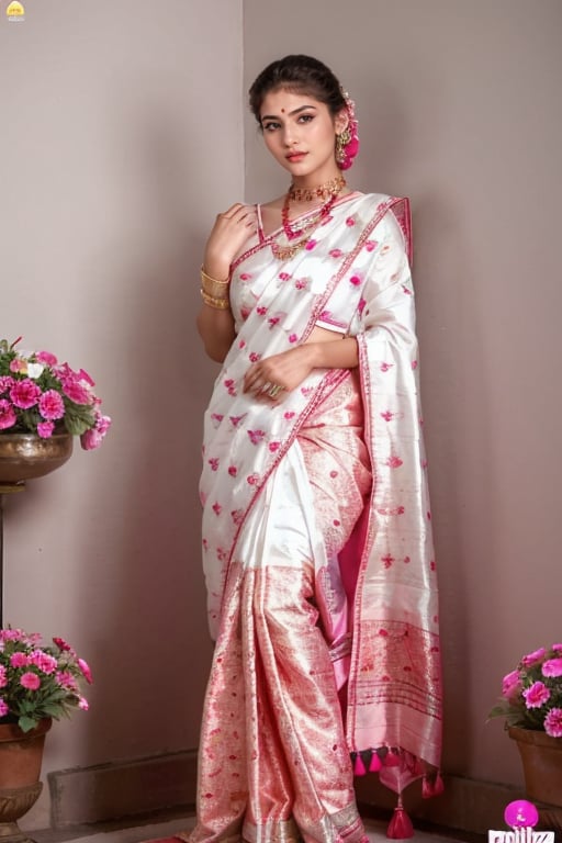 lovely cute young attractive indian girl,  blue eyes,  gorgeous actress,  cute,  an Instagram model,  long hair, full body, head to toe, wearing pink  saree with heels in garden 
 