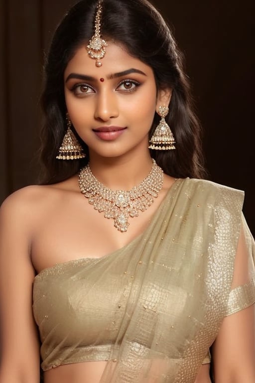 photo of indian girl, indian girl, oval face, long_hair, sharp_chin, beautiful lips, dimple, smilling, perfect teeth, cute cheek, sharp jawline, beautiful face, symmetrical_eyes, beautiful eyes, naked, fully nude, free hair, full body, standing up, navel show, saree navel, mordern earings, wristwatch, diamond necklase, realism,photorealistic