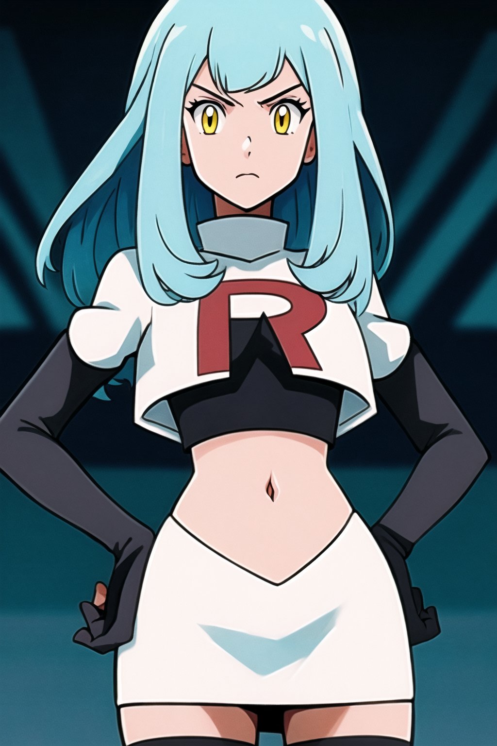 Team Rocket, cropped jacket, white jacket, crop top, jacket, gloves, black gloves, elbow gloves, navel, midriff, white skirt, miniskirt, skirt, black thighhighs, looking down at viewer,(intricately detailed, hyperdetailed), blurry background,depth of field, best quality, masterpiece, intricate details, tonemapping, sharp focus, hyper detailed, trending on Artstation,1 girl, high res, official art,hands on hips,glaring angrily,Tio Plato,yellow_eyes,long_hair,aqua_hair