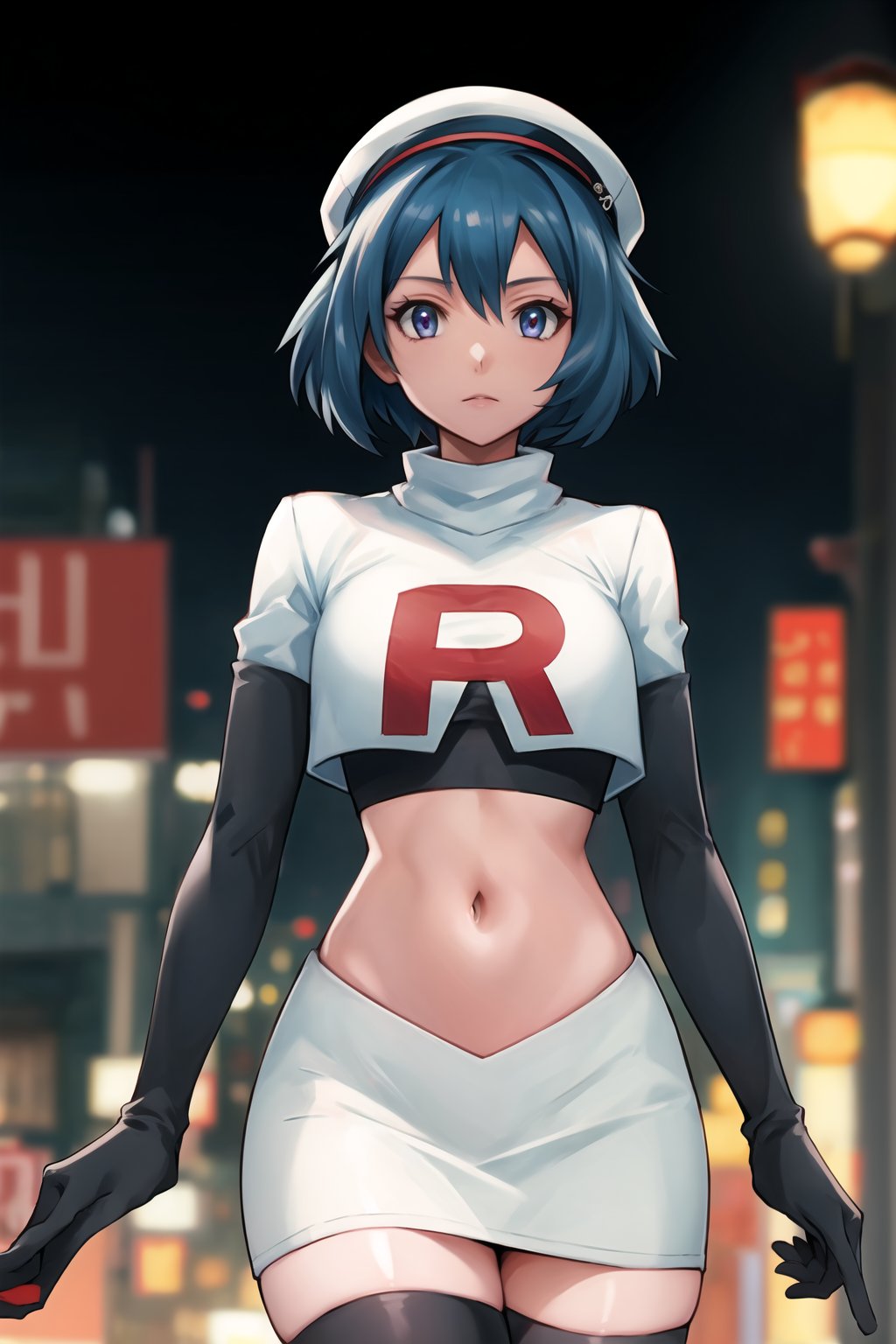 (best quality), (highly detailed), masterpiece, (official art), Team Rocket, cropped jacket, white jacket, crop top, jacket, gloves, black gloves, elbow gloves, navel, midriff, white skirt, miniskirt, skirt, black thighhighs,, looking at viewer, china, asiática, city, night, sky, (intricately detailed, hyperdetailed), blurry background,depth of field, best quality, masterpiece, intricate details, tonemapping, sharp focus, hyper detailed, trending on Artstation,1 girl, high res, official art, Millium Orion,