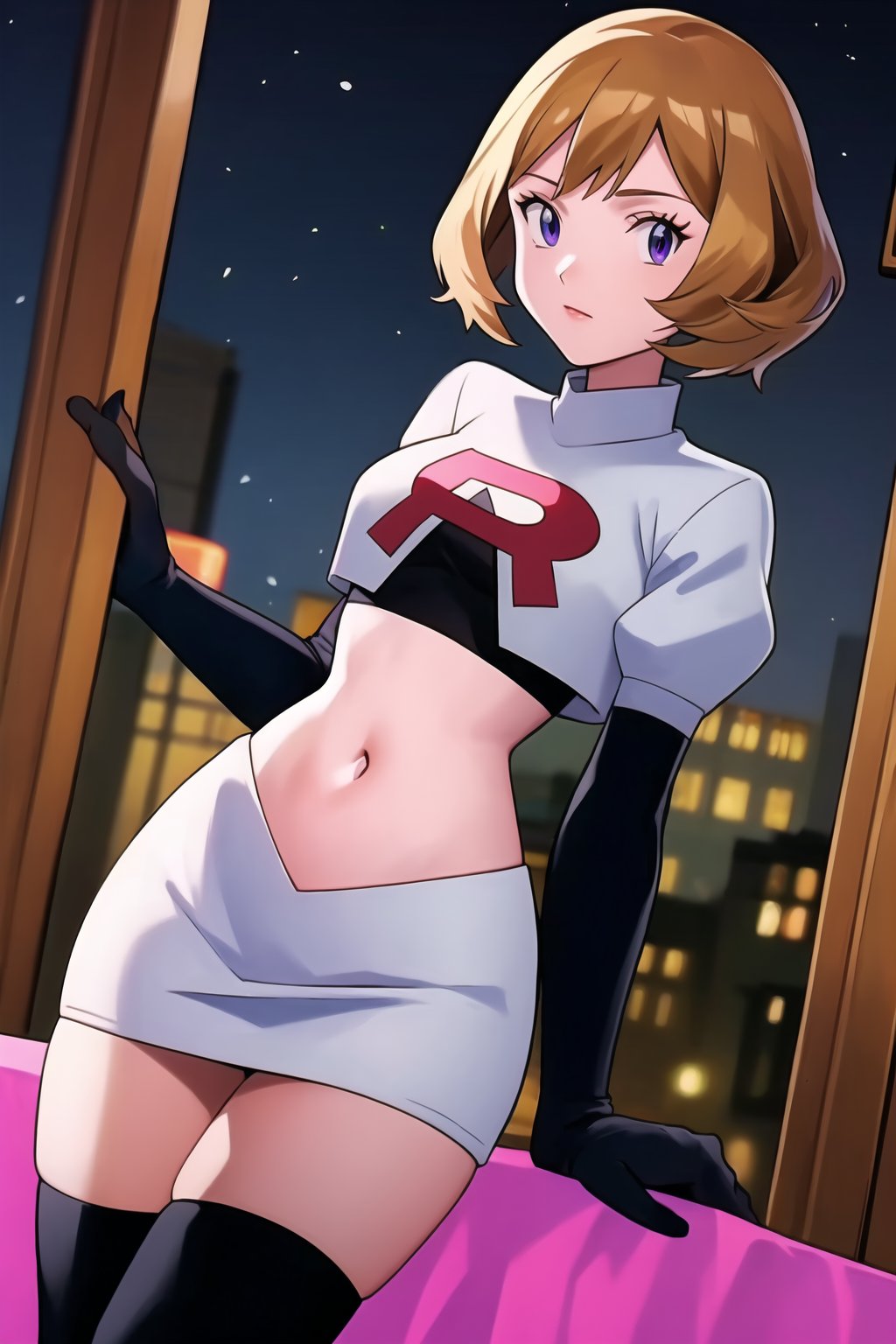 (best quality), (highly detailed), masterpiece, (official art), Team Rocket, cropped jacket, white jacket, crop top, jacket, gloves, black gloves, elbow gloves, navel, midriff, white skirt, miniskirt, skirt, black thighhighs,, looking at viewer, china, asiática, city, night, sky, (intricately detailed, hyperdetailed), blurry background,depth of field, best quality, masterpiece, intricate details, tonemapping, sharp focus, hyper detailed, trending on Artstation,1 girl, high res, official art,