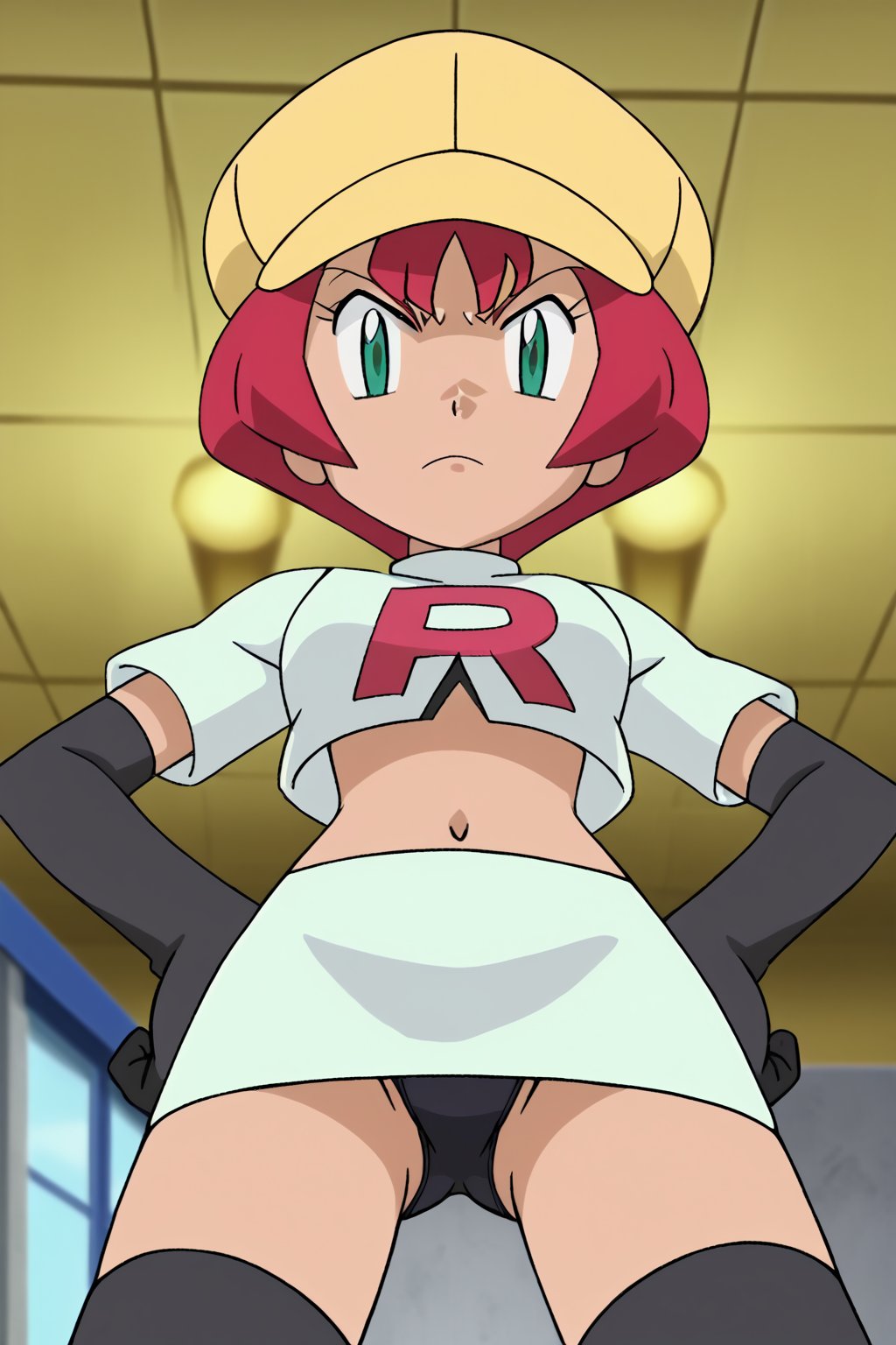 Team Rocket, cropped jacket, white jacket, crop top, jacket, gloves, black gloves, elbow gloves, navel, midriff, white skirt, miniskirt, skirt, black thighhighs,zettai ryouiki,looking down at viewer,(intricately detailed, hyperdetailed), blurry background,depth of field, best quality, masterpiece, intricate details, tonemapping, sharp focus, hyper detailed, trending on Artstation,1 girl, high res, official art,hands on hips,glaring angrily,spread legs,black panties,POKEMONSTYLE,POKEMON \(ANIME\),POKEMON \(CLASSIC ANIME\,POKEMON \(CLASSIC ANIME\),source_anime, anime screencap,viewed_from_below,georgiaPkmnXL,red hair,short hair,green eyes,bangs,yellow headwear