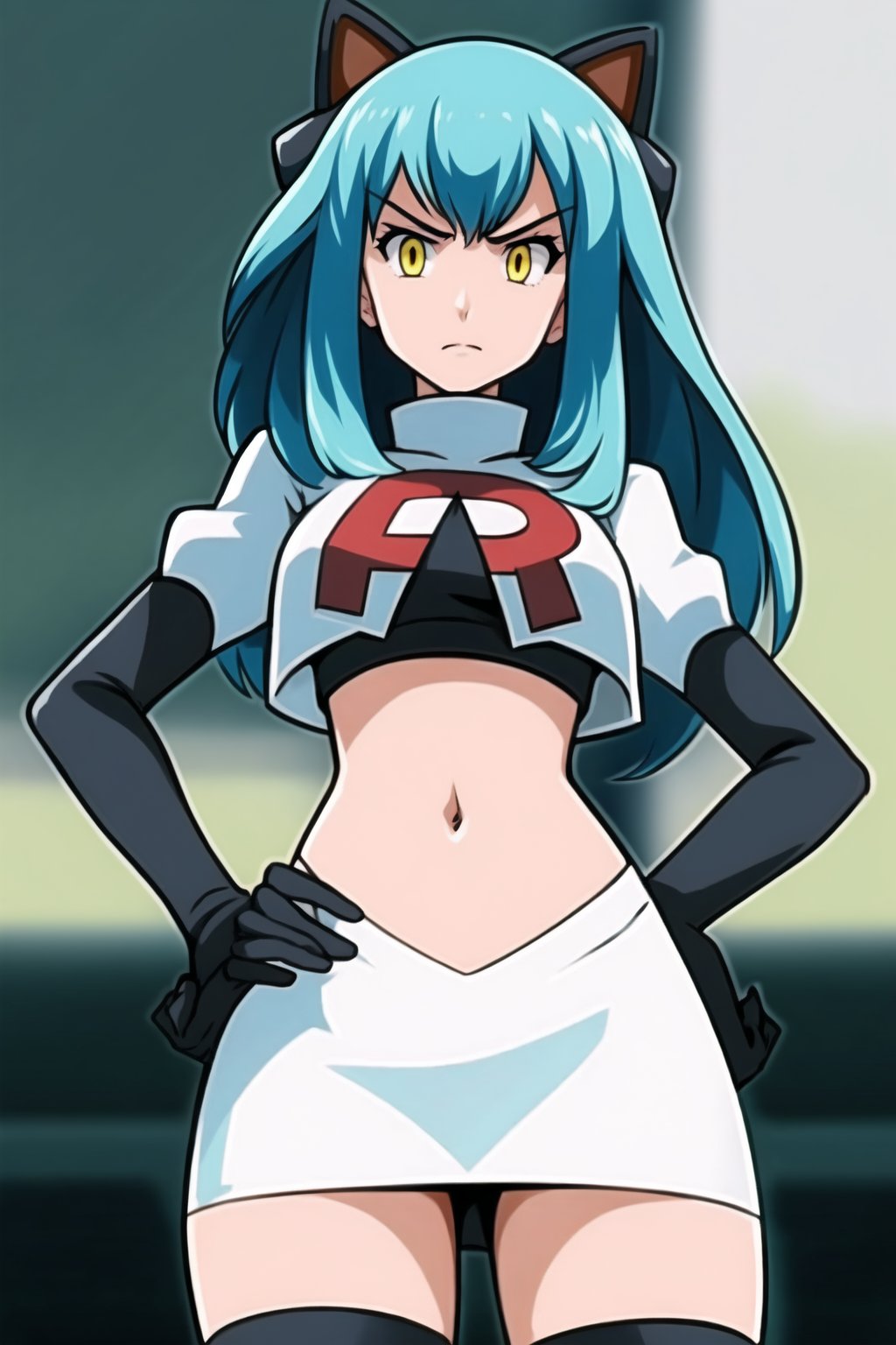 Team Rocket, cropped jacket, white jacket, crop top, jacket, gloves, black gloves, elbow gloves, navel, midriff, white skirt, miniskirt, skirt, black thighhighs, looking down at viewer,(intricately detailed, hyperdetailed), blurry background,depth of field, best quality, masterpiece, intricate details, tonemapping, sharp focus, hyper detailed, trending on Artstation,1 girl, high res, official art,hands on hips,glaring angrily,Tio Plato,yellow_eyes,long_hair,aqua_hair,fake_animal_ears 