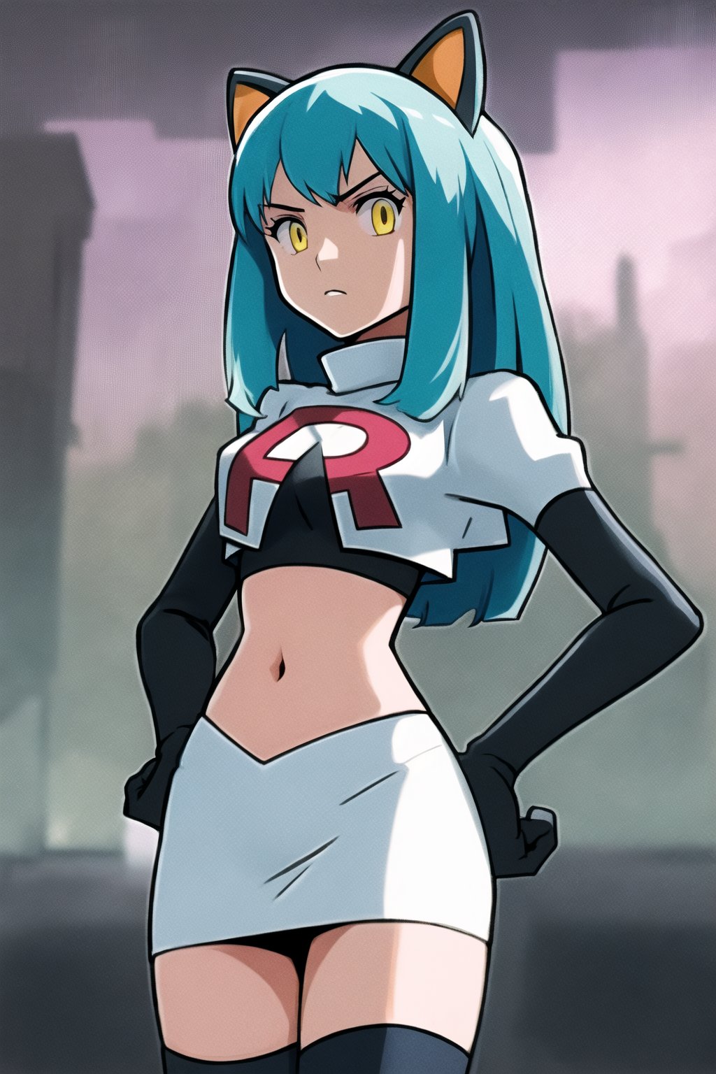 Team Rocket, cropped jacket, white jacket, crop top, jacket, gloves, black gloves, elbow gloves, navel, midriff, white skirt, miniskirt, skirt, black thighhighs, looking down at viewer,(intricately detailed, hyperdetailed), blurry background,depth of field, best quality, masterpiece, intricate details, tonemapping, sharp focus, hyper detailed, trending on Artstation,1 girl, high res, official art,hands on hips,glaring angrily,Tio Plato,yellow_eyes,long_hair,aqua_hair,fake_animal_ears 