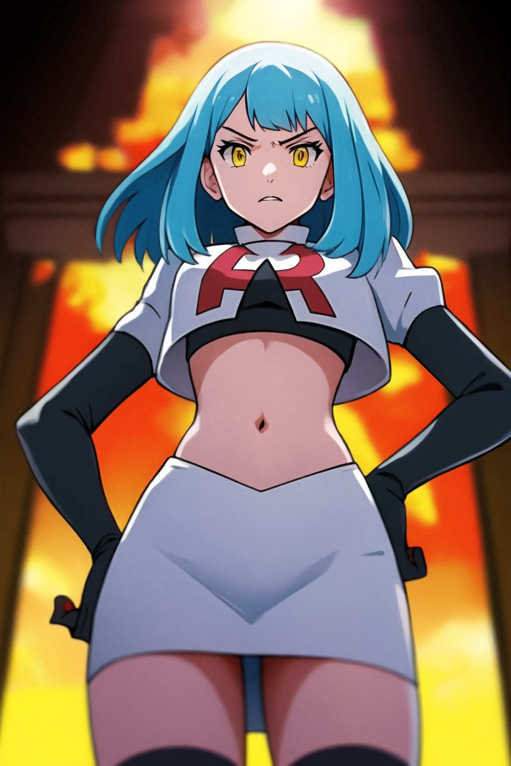 Team Rocket, cropped jacket, white jacket, crop top, jacket, gloves, black gloves, elbow gloves, navel, midriff, white skirt, miniskirt, skirt, black thighhighs, looking down at viewer,(intricately detailed, hyperdetailed), blurry background,depth of field, best quality, masterpiece, intricate details, tonemapping, sharp focus, hyper detailed, trending on Artstation,1 girl, high res, official art,hands on hips,glaring angrily,Tio Plato,yellow_eyes,long_hair,aqua_hair