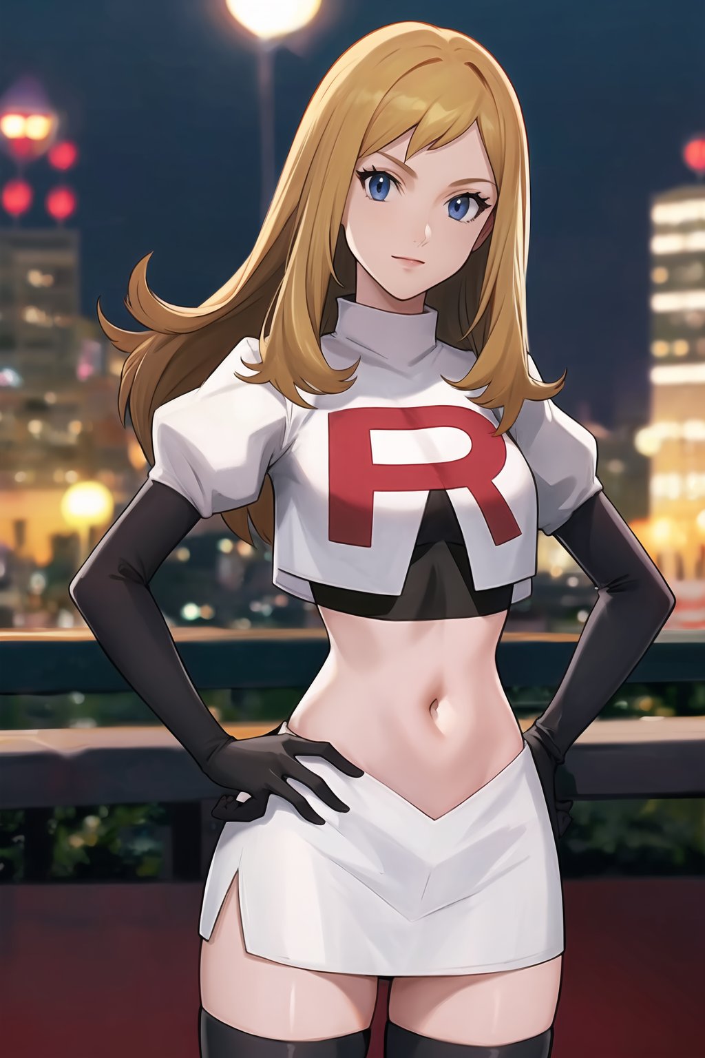 Team Rocket, cropped jacket, white jacket, crop top, jacket, gloves, black gloves, elbow gloves, navel, midriff, white skirt, miniskirt, skirt, thighhighs,, looking at viewer, china, asiática, city, night, sky, (intricately detailed, hyperdetailed), blurry background,depth of field, best quality, masterpiece, intricate details, tonemapping, sharp focus, hyper detailed, trending on Artstation,1 girl, high res, official art,hands on hips,maybelle