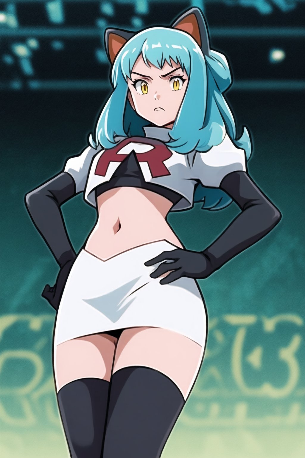 Team Rocket, cropped jacket, white jacket, crop top, jacket, gloves, black gloves, elbow gloves, navel, midriff, white skirt, miniskirt, skirt, black thighhighs, looking down at viewer,(intricately detailed, hyperdetailed), blurry background,depth of field, best quality, masterpiece, intricate details, tonemapping, sharp focus, hyper detailed, trending on Artstation,1 girl, high res, official art,hands on hips,glaring angrily,Tio Plato,yellow_eyes,long_hair,aqua_hair,fake_animal_ears 