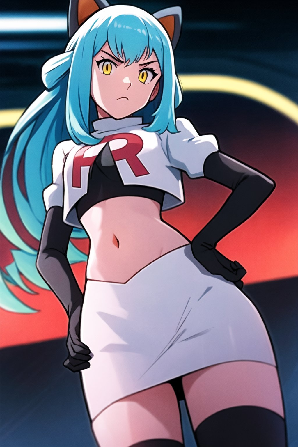 Team Rocket, cropped jacket, white jacket, crop top, jacket, gloves, black gloves, elbow gloves, navel, midriff, white skirt, miniskirt, skirt, black thighhighs, looking down at viewer,(intricately detailed, hyperdetailed), blurry background,depth of field, best quality, masterpiece, intricate details, tonemapping, sharp focus, hyper detailed, trending on Artstation,1 girl, high res, official art,hands on hips,glaring angrily,Tio Plato,yellow_eyes,long_hair,aqua_hair,fake_animal_ears 