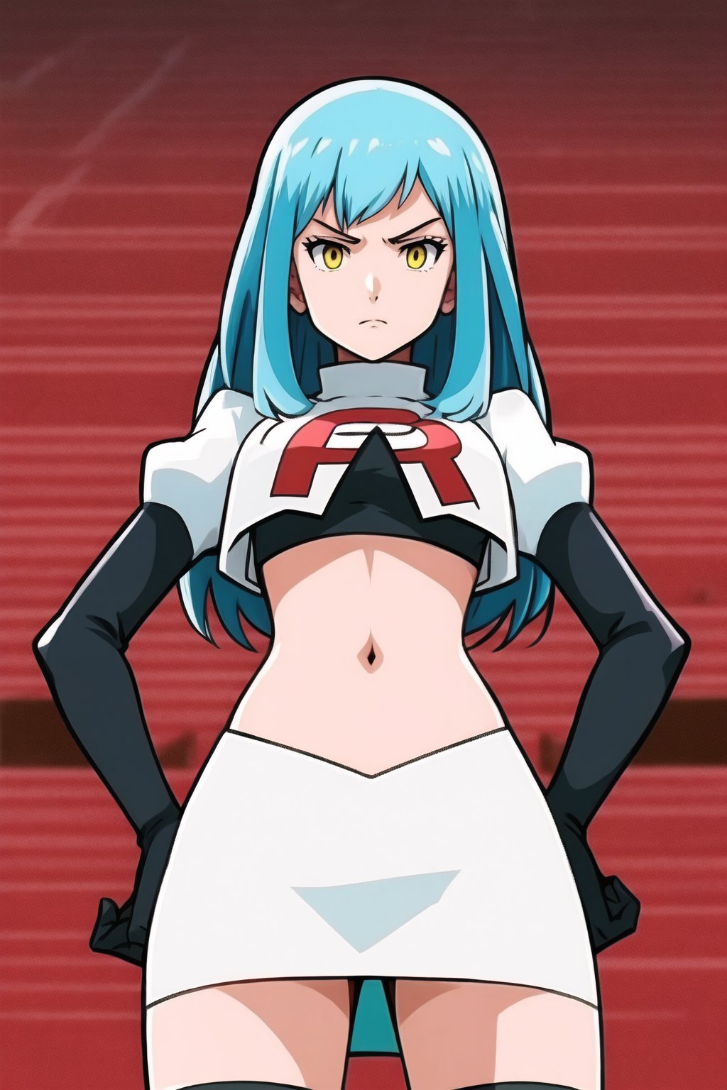 Team Rocket, cropped jacket, white jacket, crop top, jacket, gloves, black gloves, elbow gloves, navel, midriff, white skirt, miniskirt, skirt, black thighhighs, looking down at viewer,(intricately detailed, hyperdetailed), blurry background,depth of field, best quality, masterpiece, intricate details, tonemapping, sharp focus, hyper detailed, trending on Artstation,1 girl, high res, official art,hands on hips,glaring angrily,Tio Plato,yellow_eyes,long_hair,aqua_hair