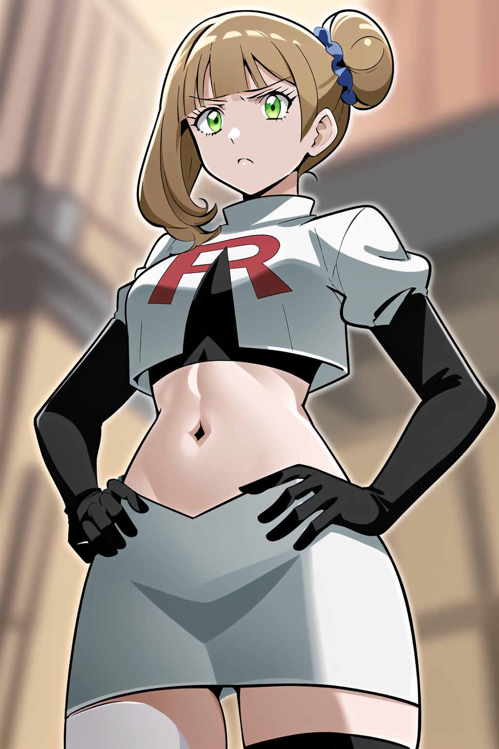 Team Rocket, cropped jacket, white jacket, crop top, jacket, gloves, black gloves, elbow gloves, navel, midriff, white skirt, miniskirt, skirt, black thighhighs, looking down at viewer,(intricately detailed, hyperdetailed), blurry background,depth of field, best quality, masterpiece, intricate details, tonemapping, sharp focus, hyper detailed, trending on Artstation,1 girl, high res, official art,hands on hips,glaring angrily,black panties,anime style,Marielle, green eyes, light brown hair, blonde hair, shiny hair, hair_scrunchie, hair_over_shoulder,
